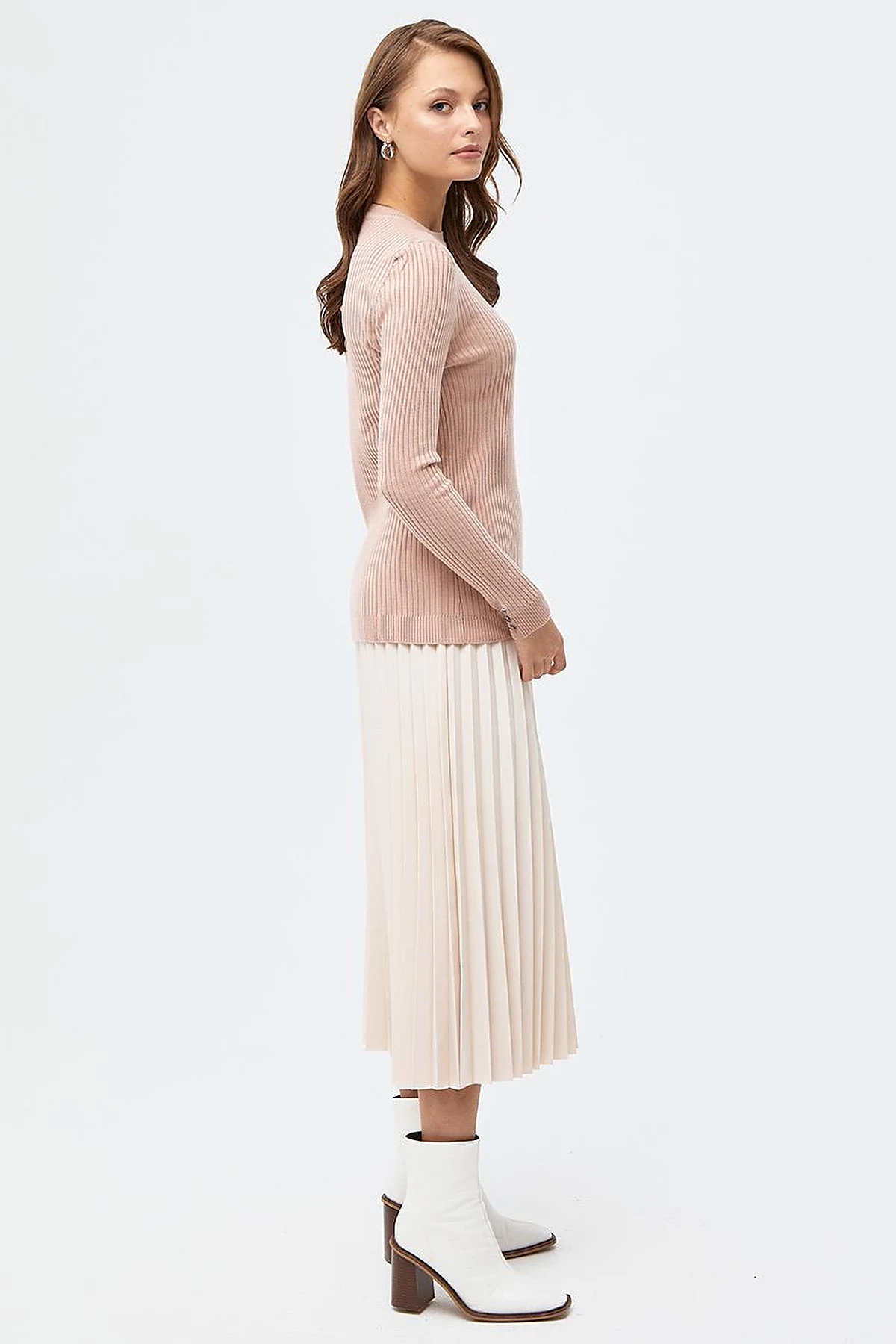 Zero Collar Ribbed Knitted Sweater Powder