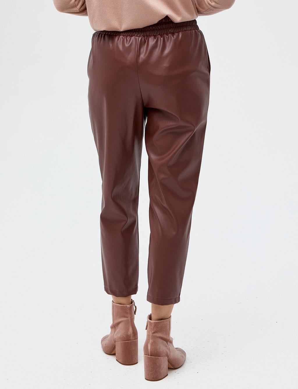 Elastic Waist Faux Leather Pants Bronze Brown