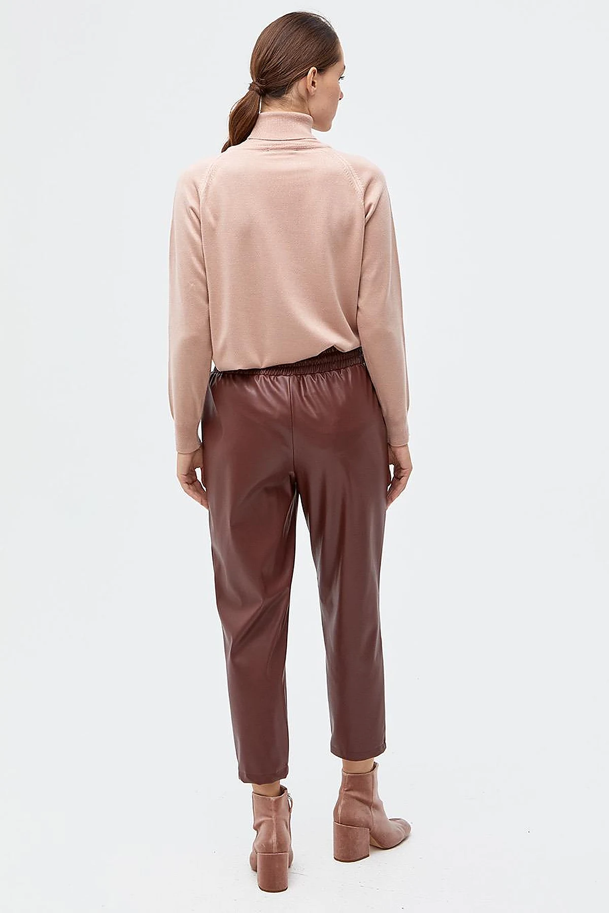 Elastic Waist Faux Leather Pants Bronze Brown