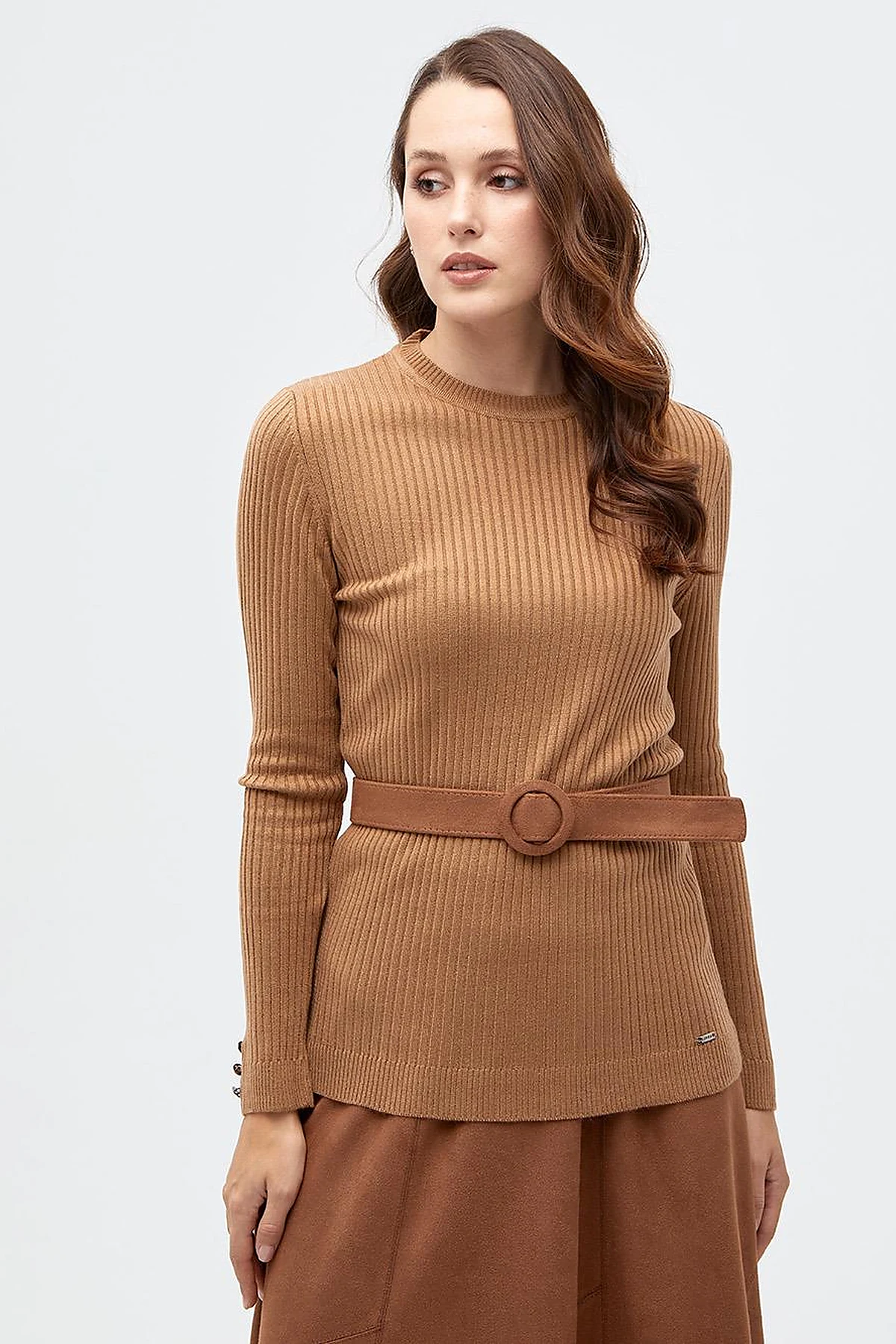 Zero Collar Ribbed Knitted Sweater Beige