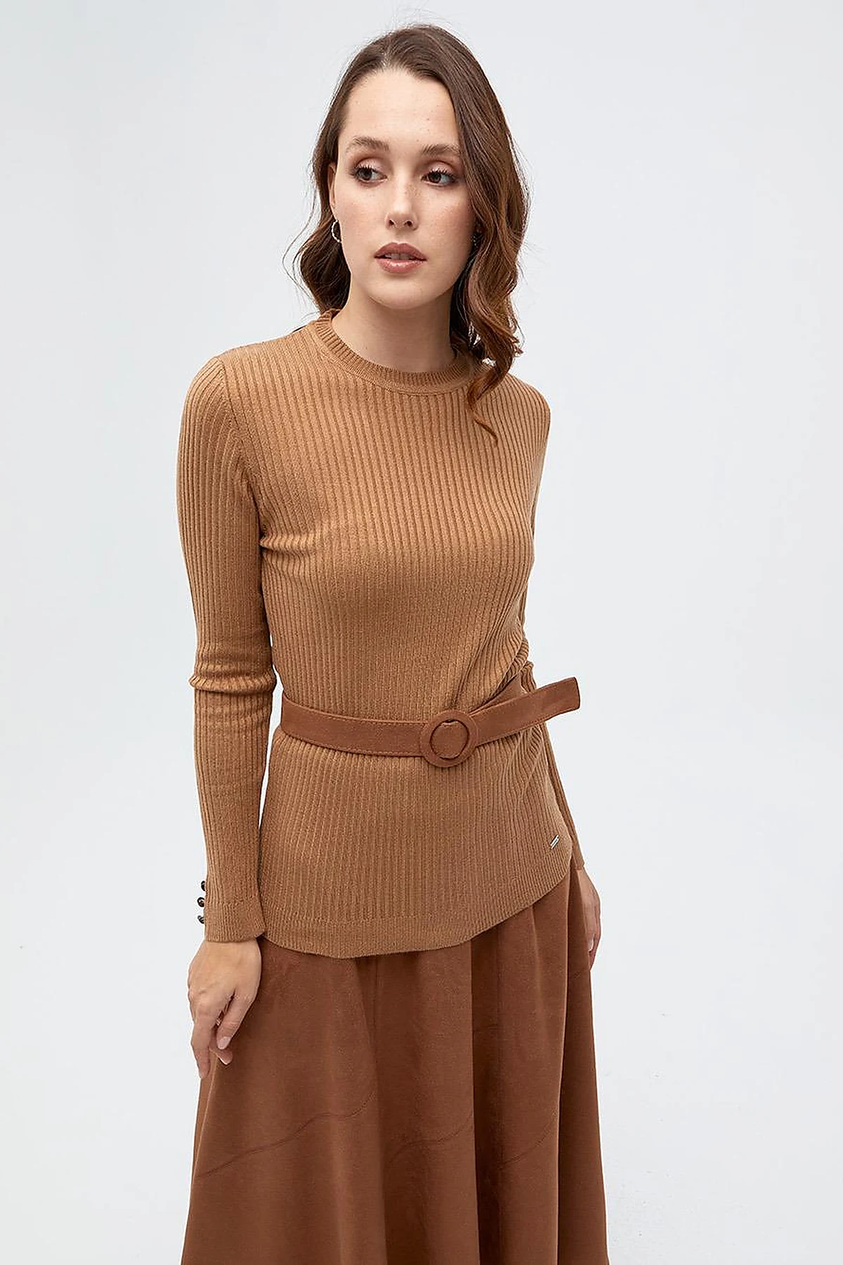 Zero Collar Ribbed Knitted Sweater Beige