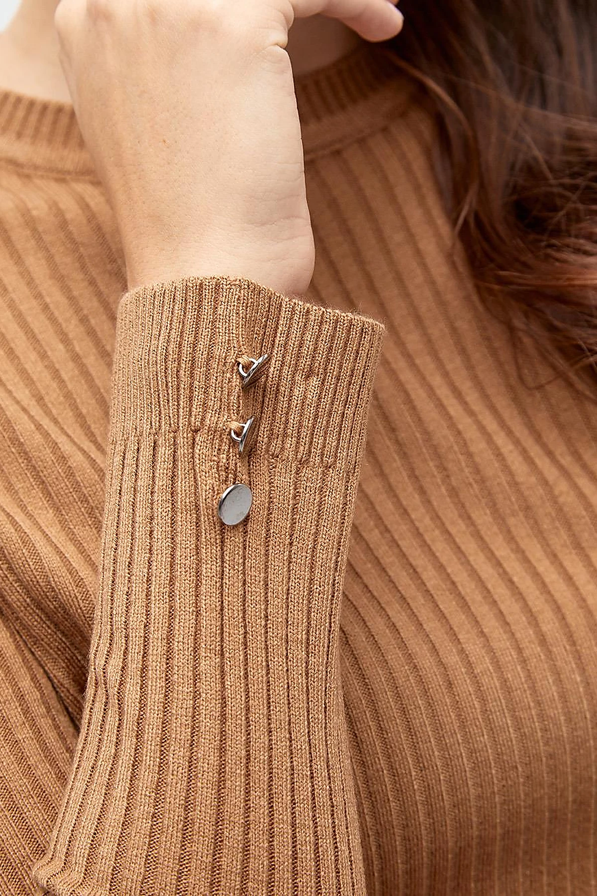 Zero Collar Ribbed Knitted Sweater Beige