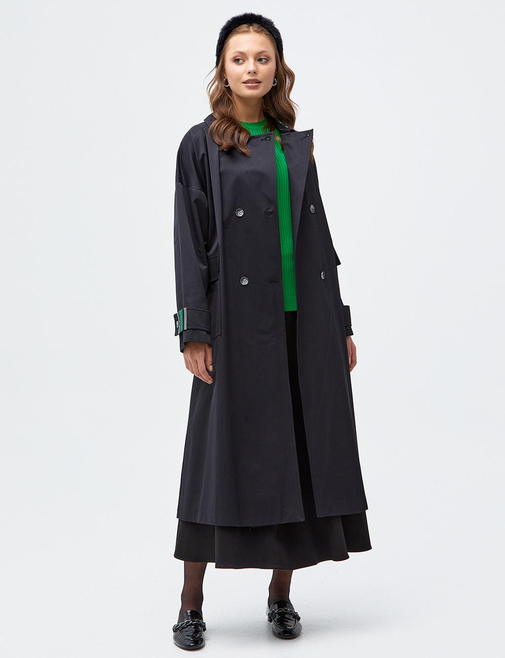 Embroidery Detailed Double Breasted Trench Coat Black