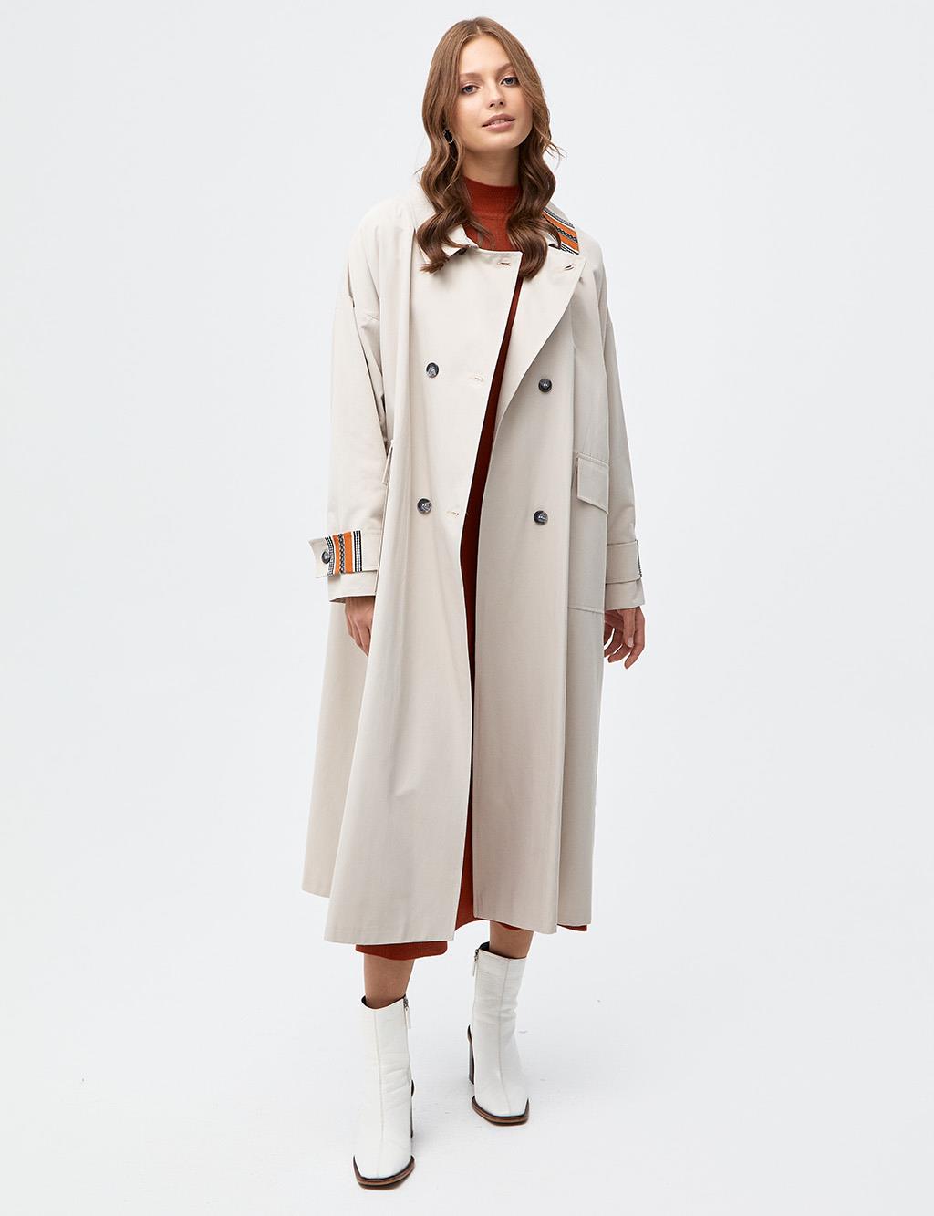 Embroidery Detailed Double Breasted Trench Coat Cream