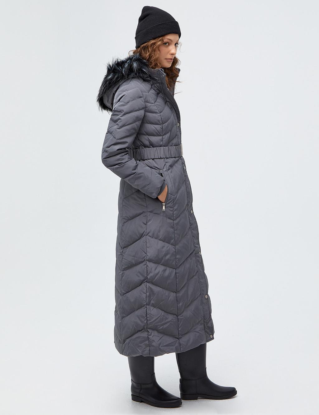 Zigzag Quilted Fur Goose Feather Coat Smoked