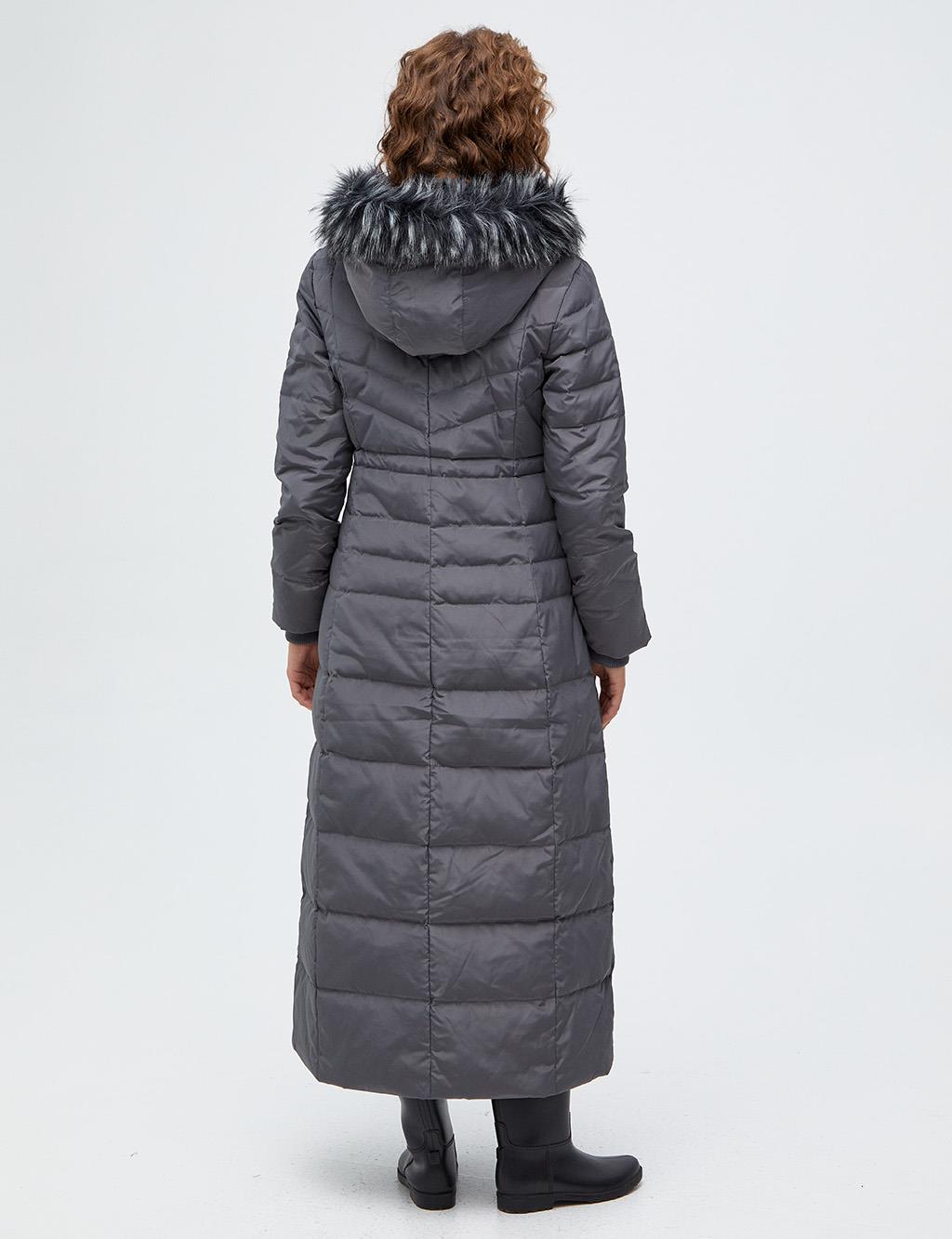 Fur Hooded Goose Feather Coat Smoked