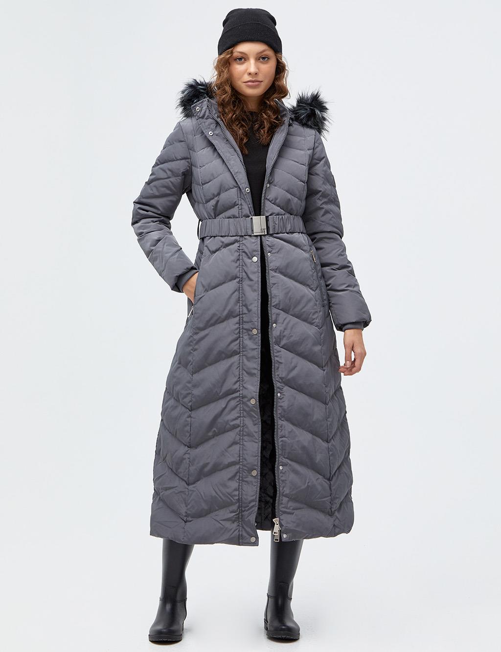 Zigzag Quilted Fur Goose Feather Coat Smoked