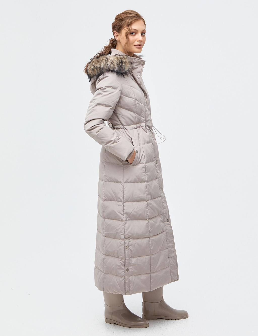 Waist Pleated Goose Down Filled Coat Stone