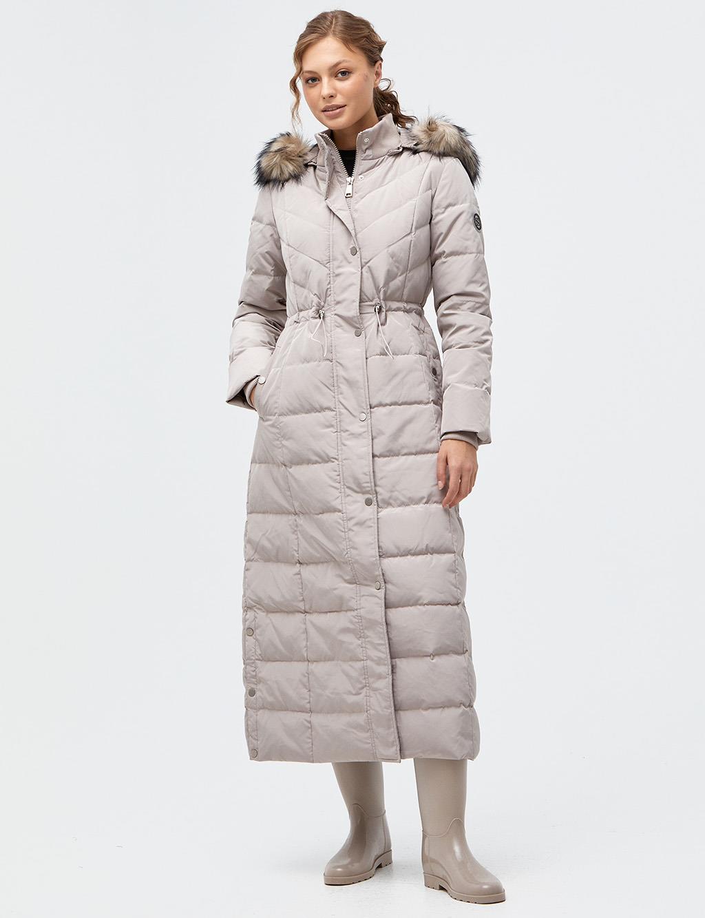 Waist Pleated Goose Down Filled Coat Stone