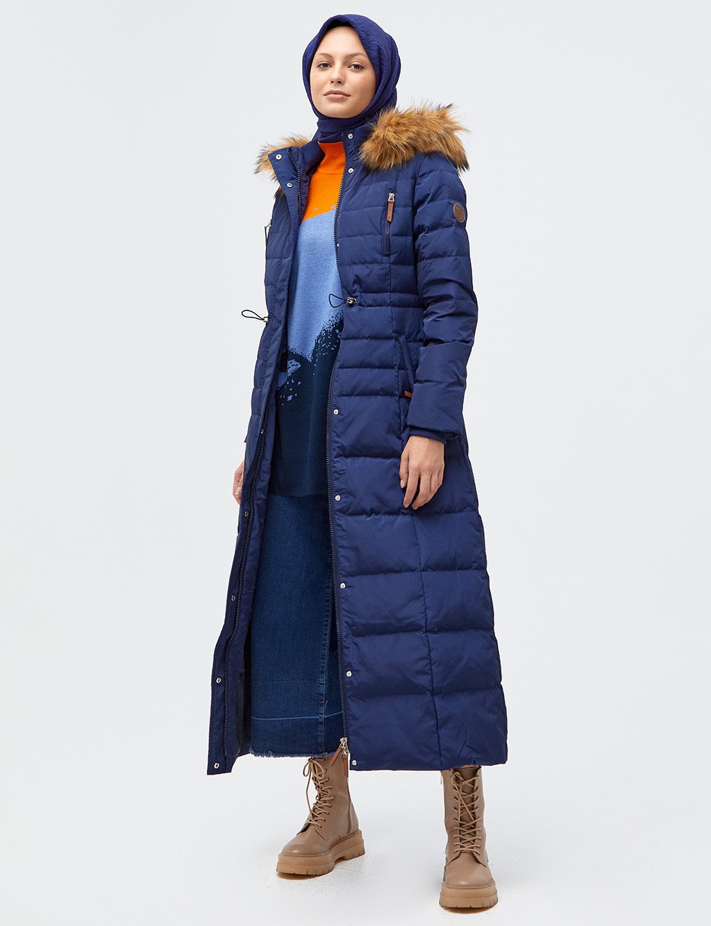 Fur Hooded Goose Feather Coat Navy