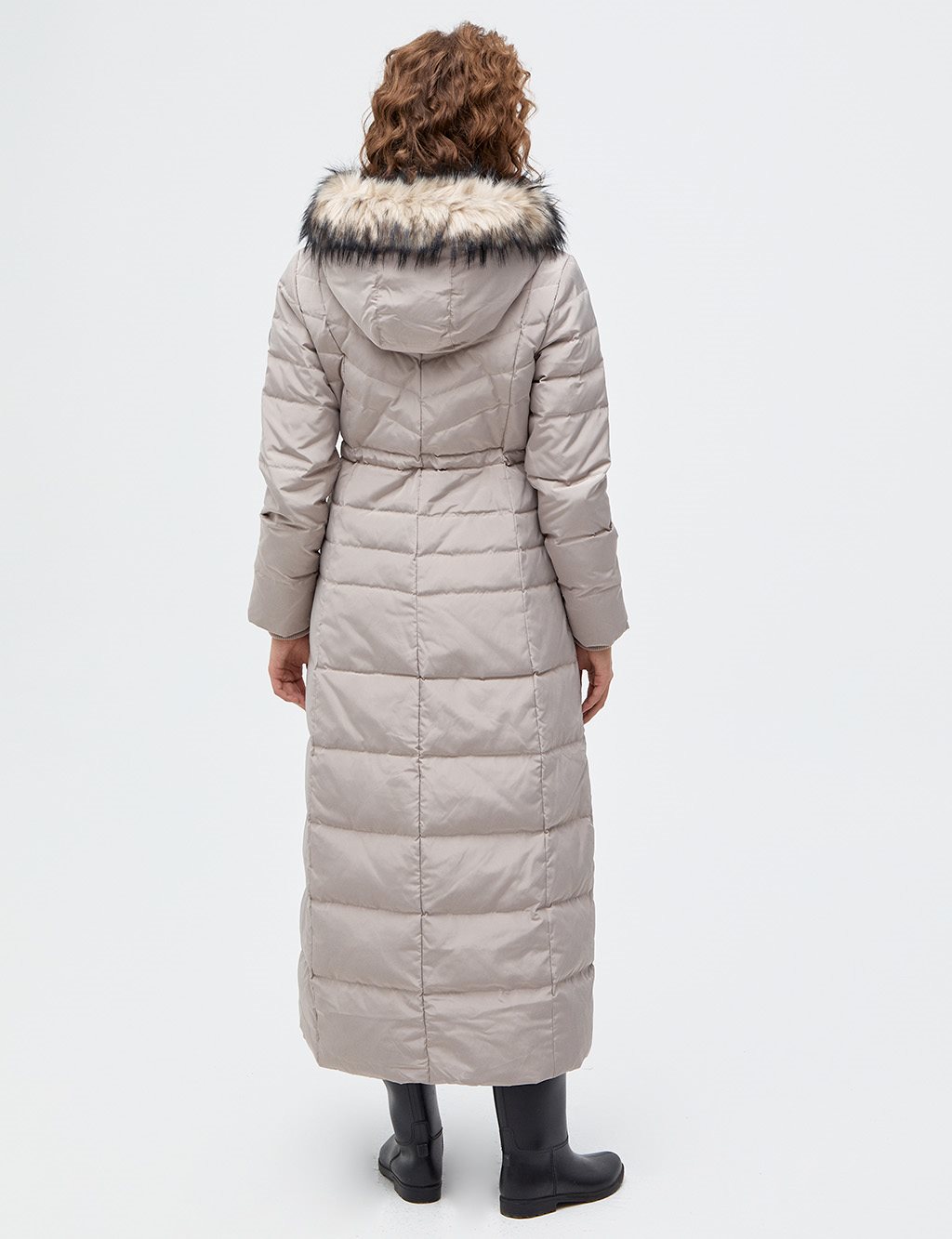 Fur Hooded Goose Feather Coat Stone