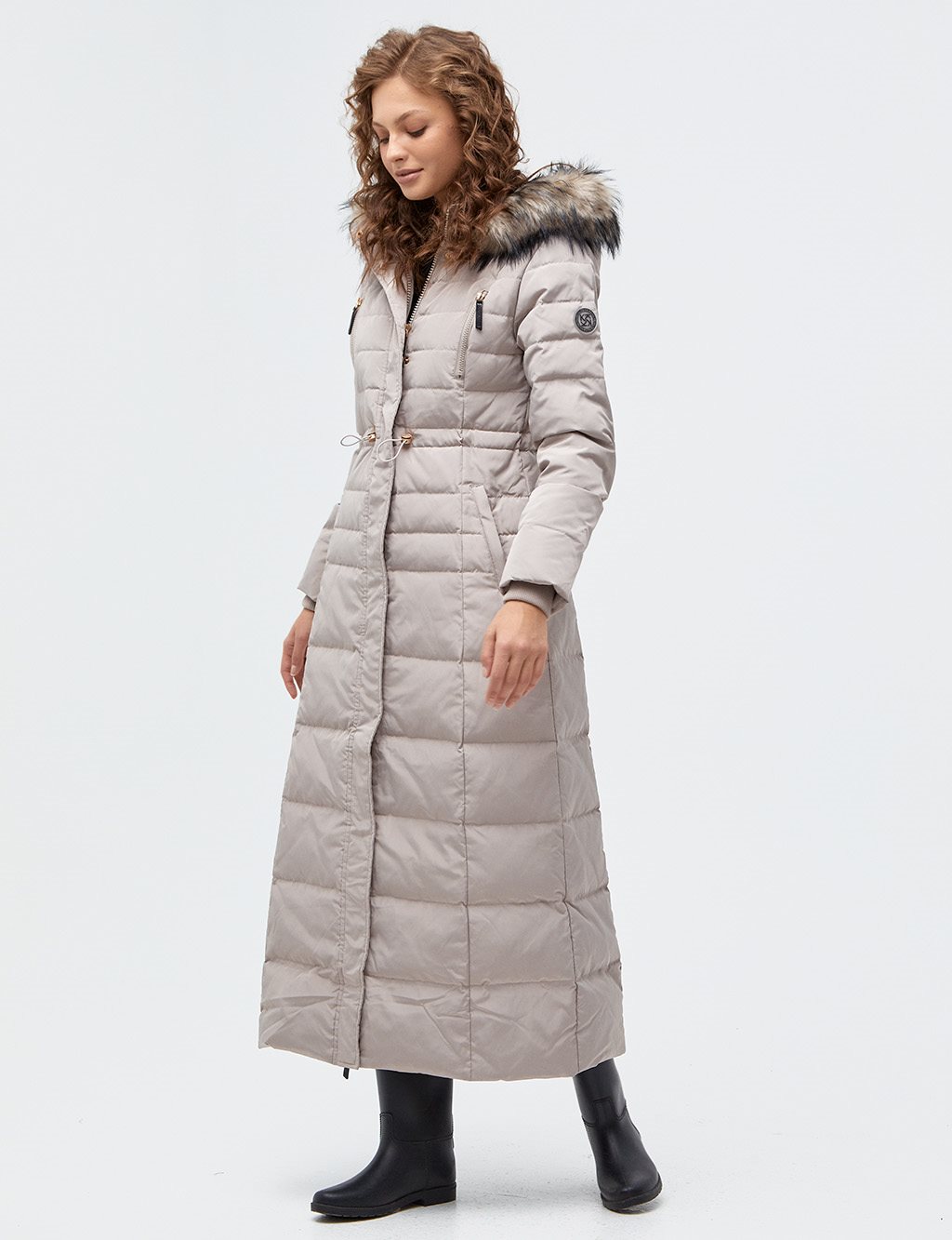Fur Hooded Goose Feather Coat Stone