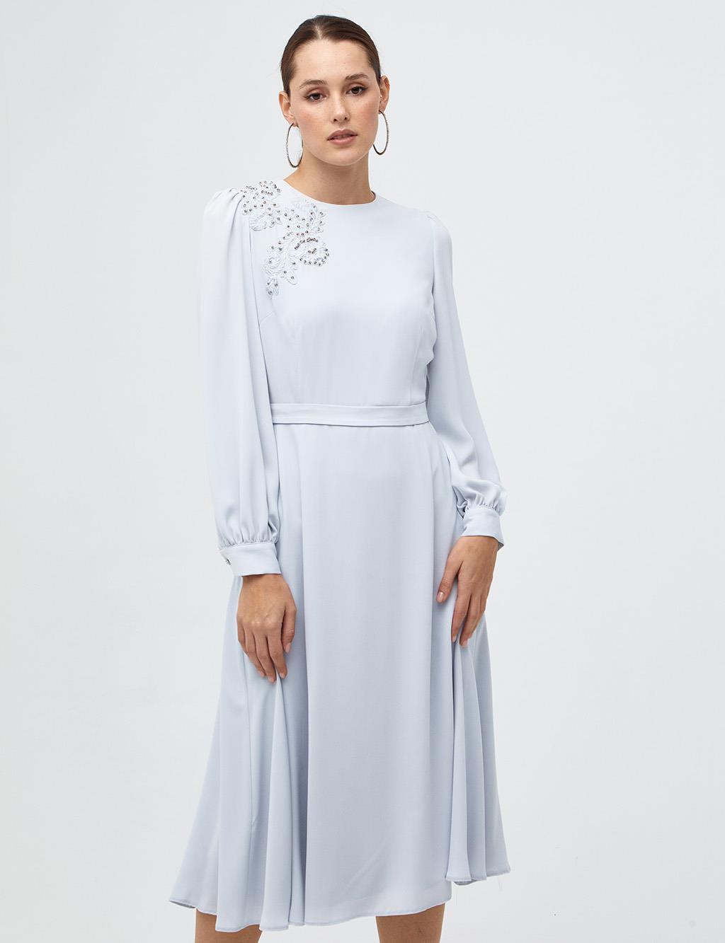 Embroidered Round Neck Collar Dress Light Blue