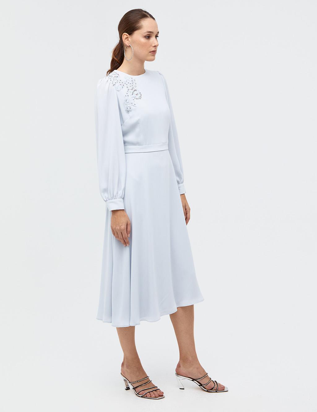 Embroidered Round Neck Collar Dress Light Blue