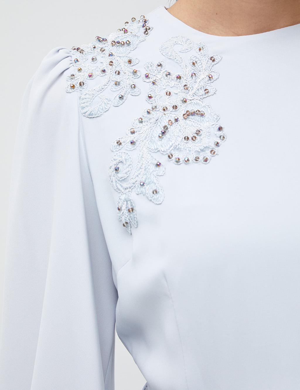 Embroidered Round Neck Collar Dress Light Blue