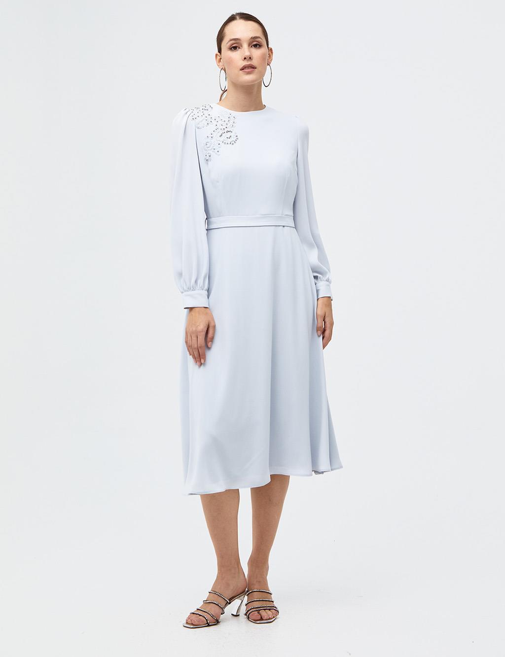 Embroidered Round Neck Collar Dress Light Blue