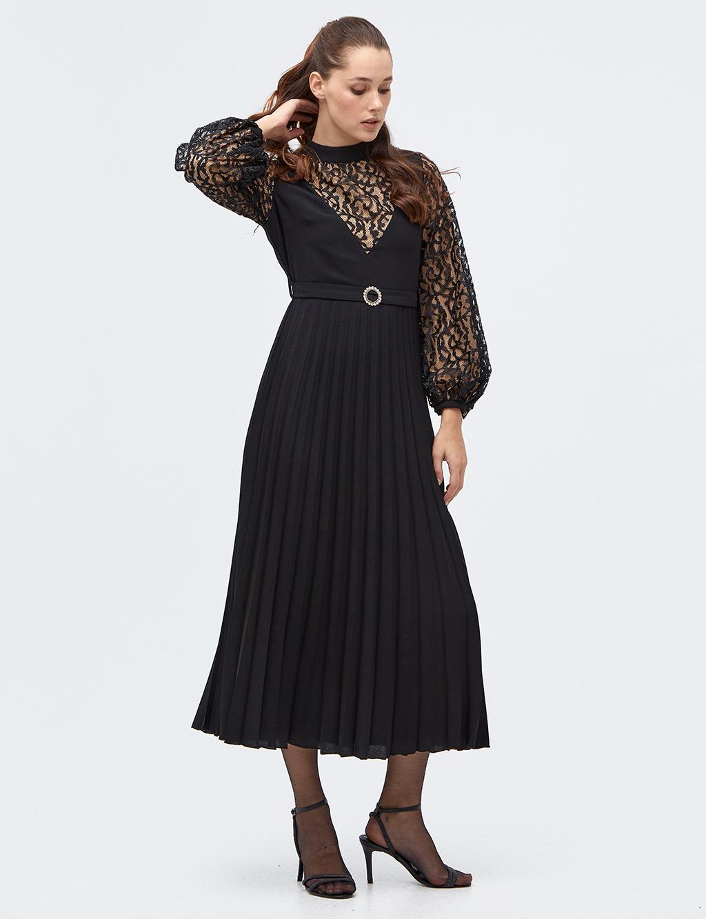 Skirt Pleated Lace Dress Black