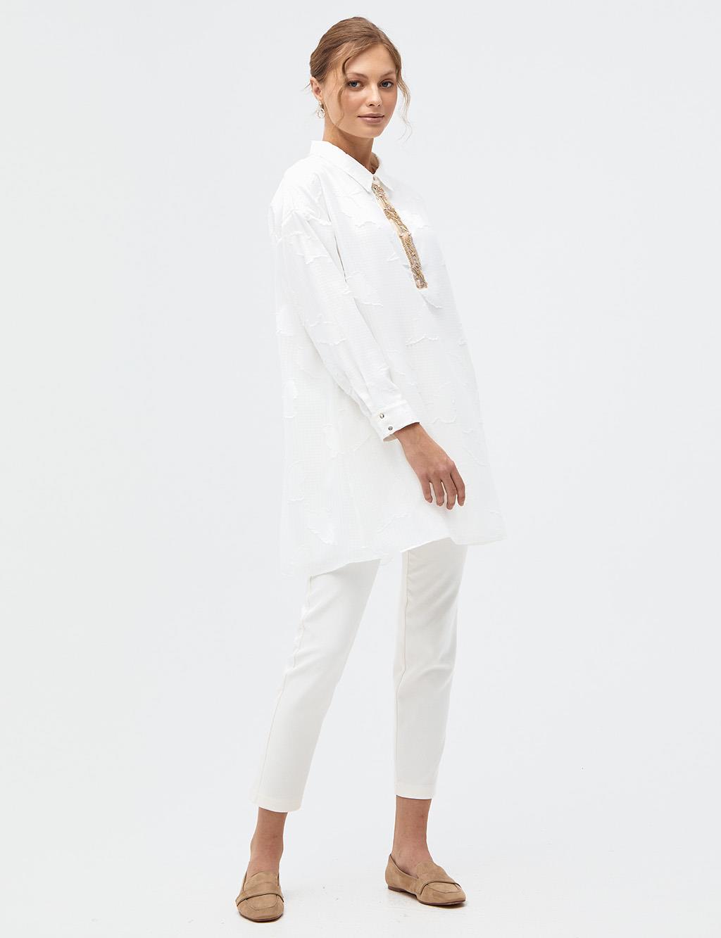 Bead Embroidered Embossed Tunic Ecru