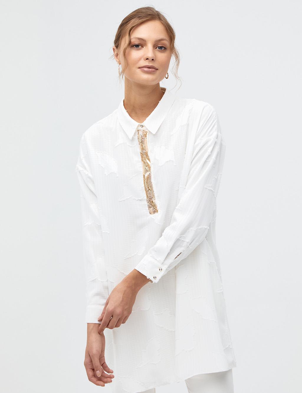 Bead Embroidered Embossed Tunic Ecru