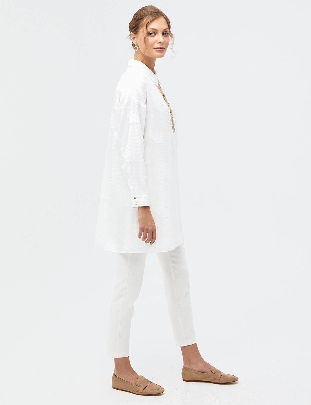 Bead Embroidered Embossed Tunic Ecru