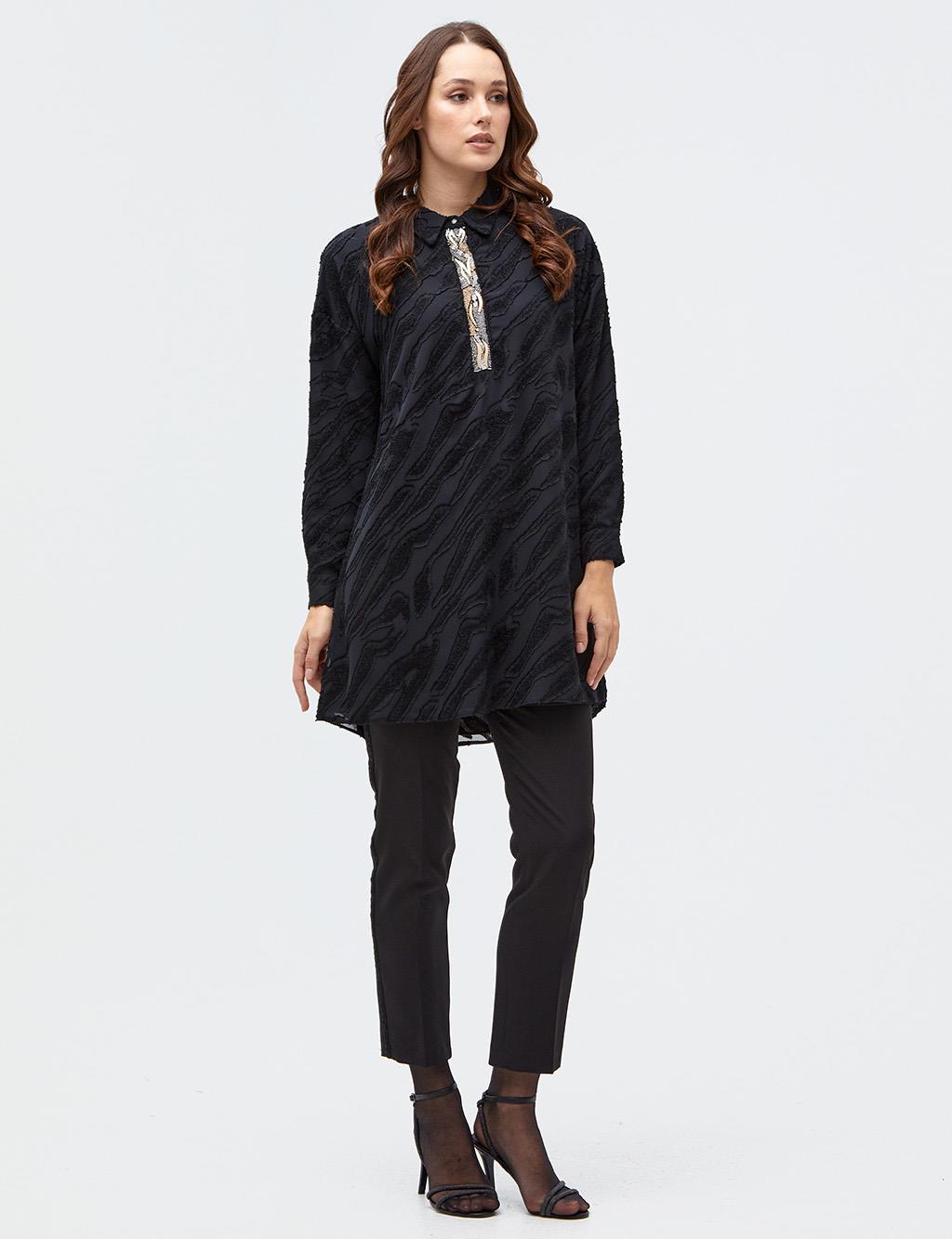 Bead Embroidered Embossed Tunic Black