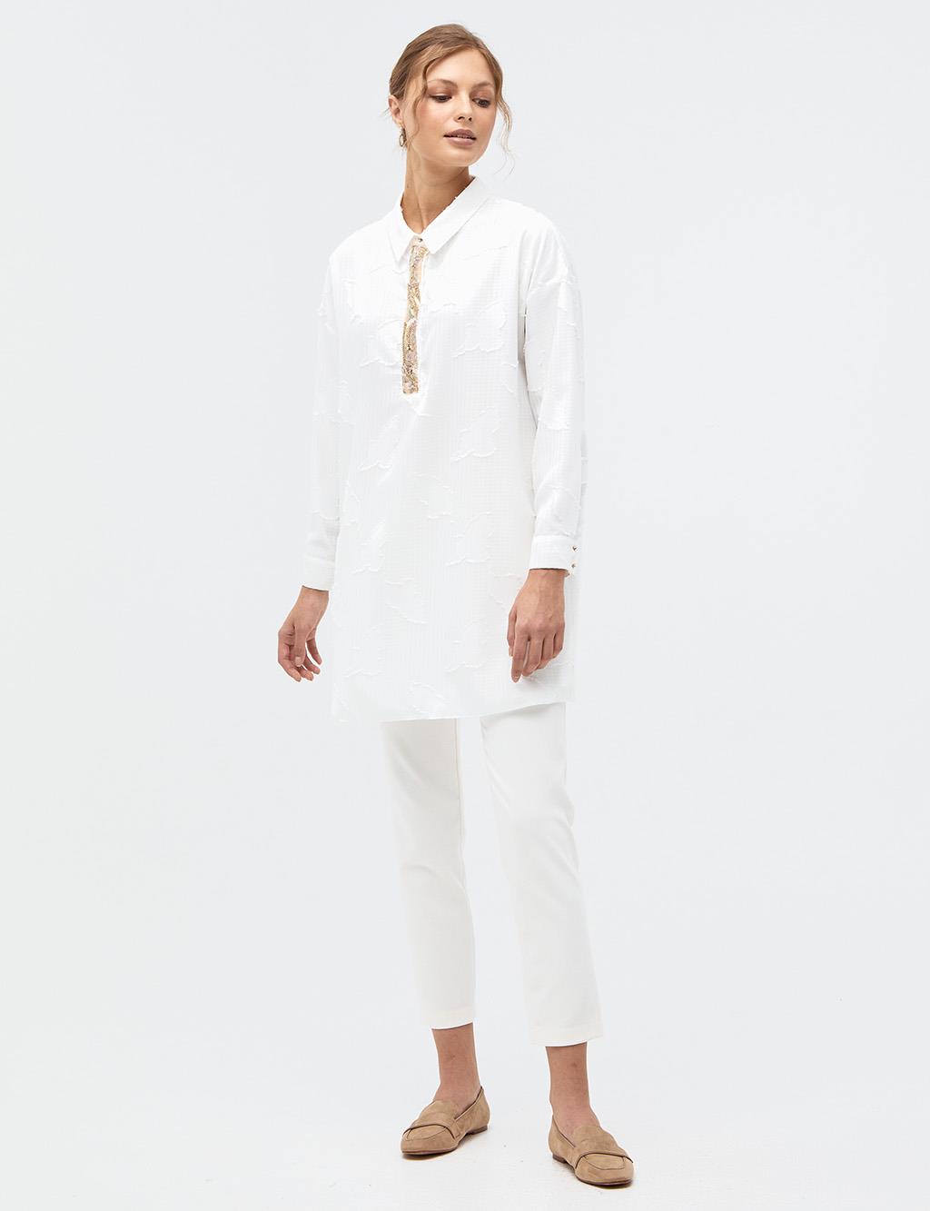 Bead Embroidered Embossed Tunic Ecru