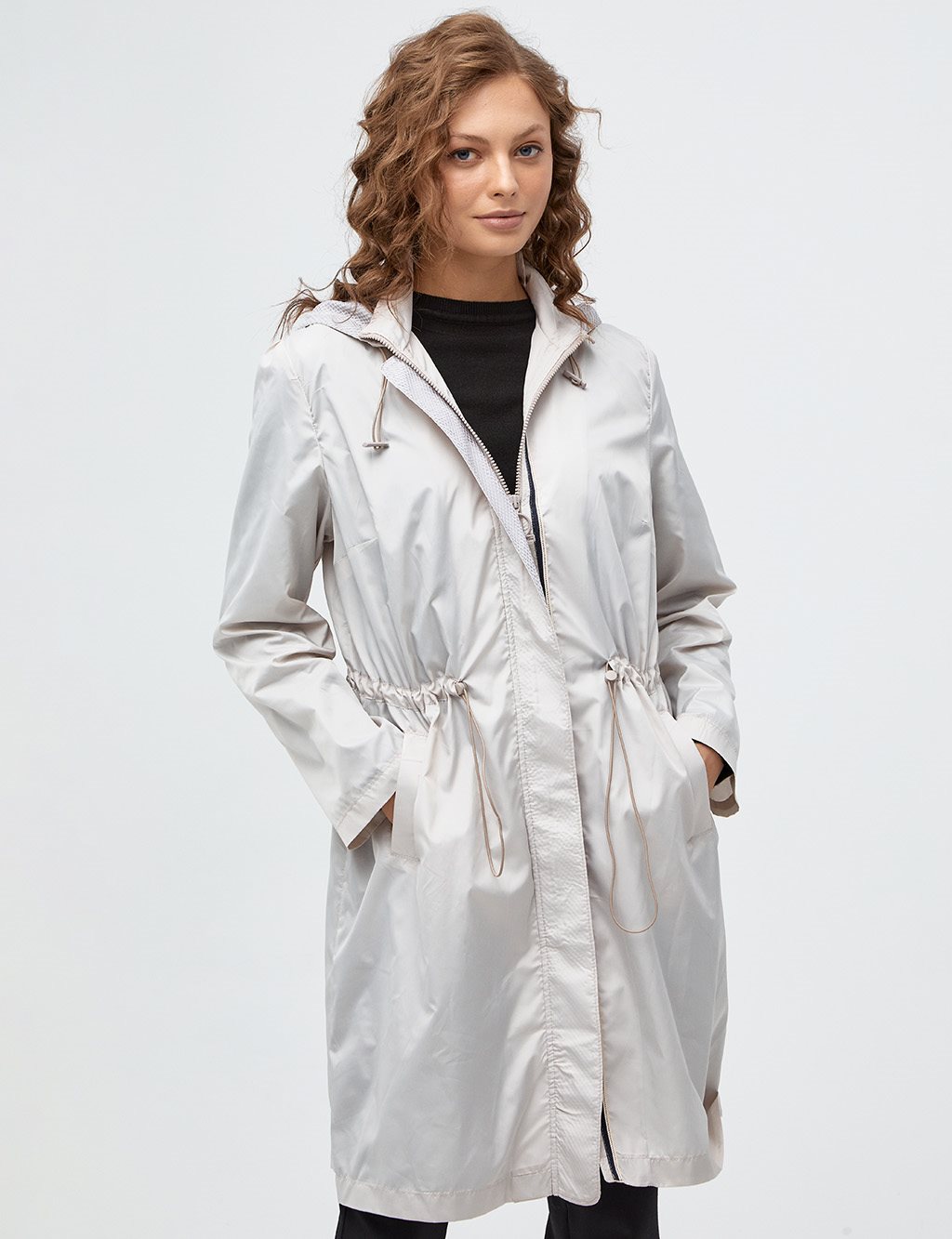 Pleated Hooded Trench Coat Stone