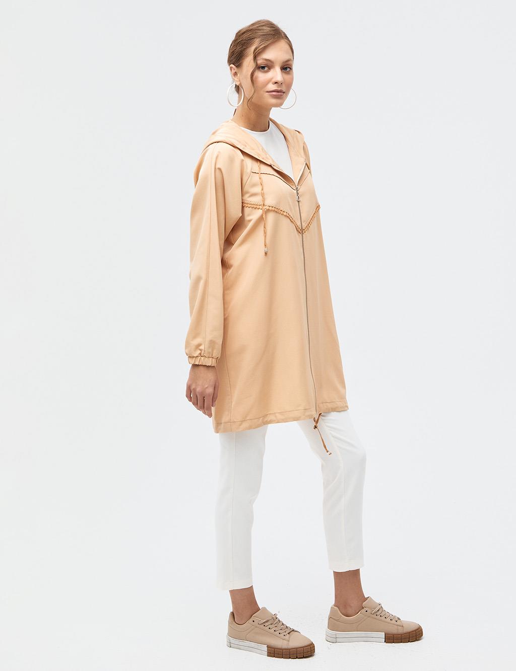Scalloped Hooded Trench Coat Beige