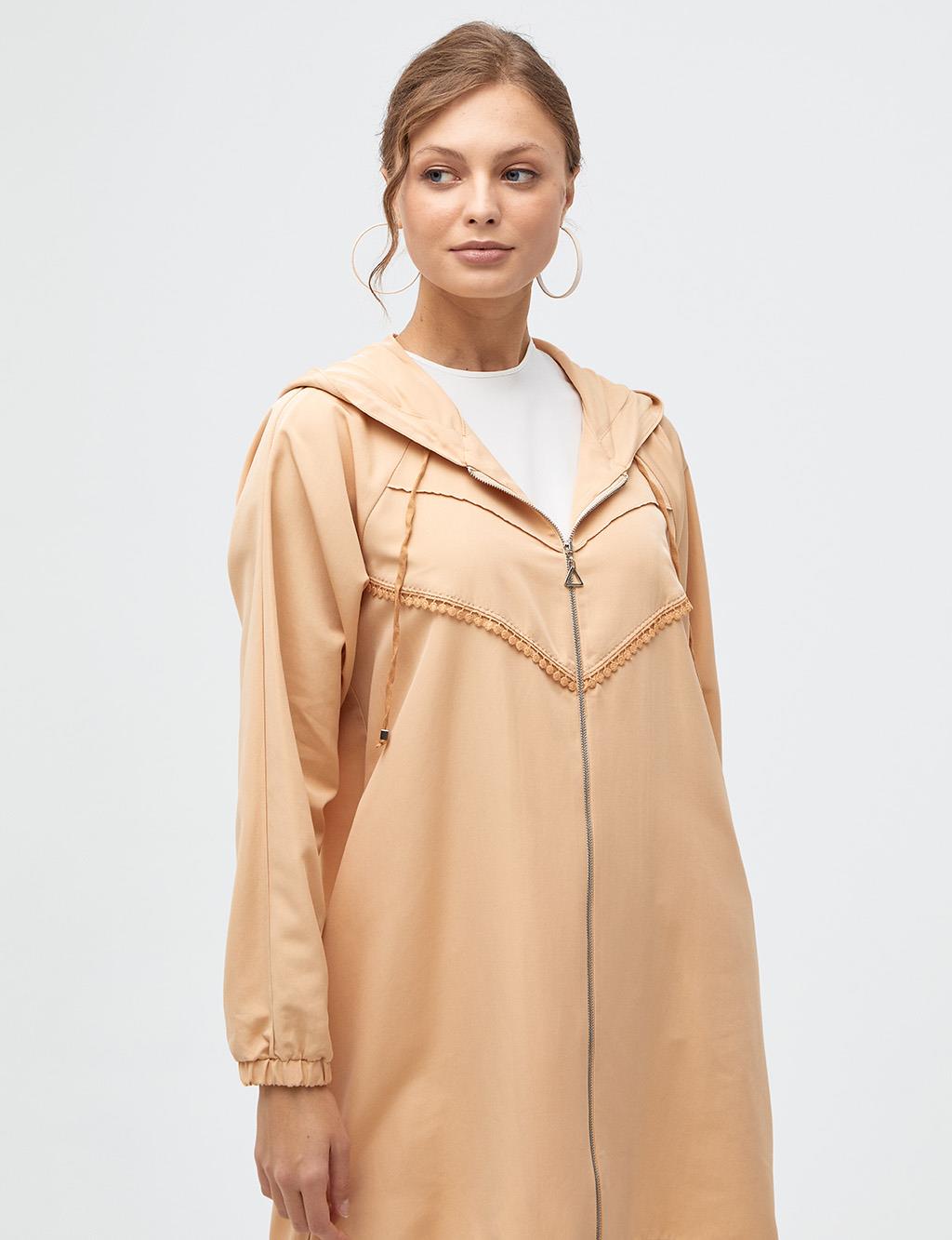 Scalloped Hooded Trench Coat Beige