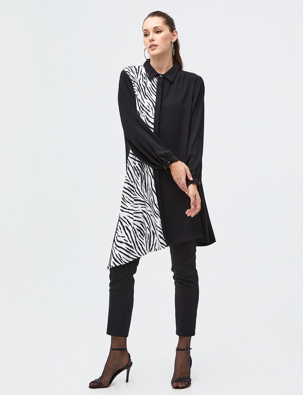 Parçalı Animal Print Tunik Siyah