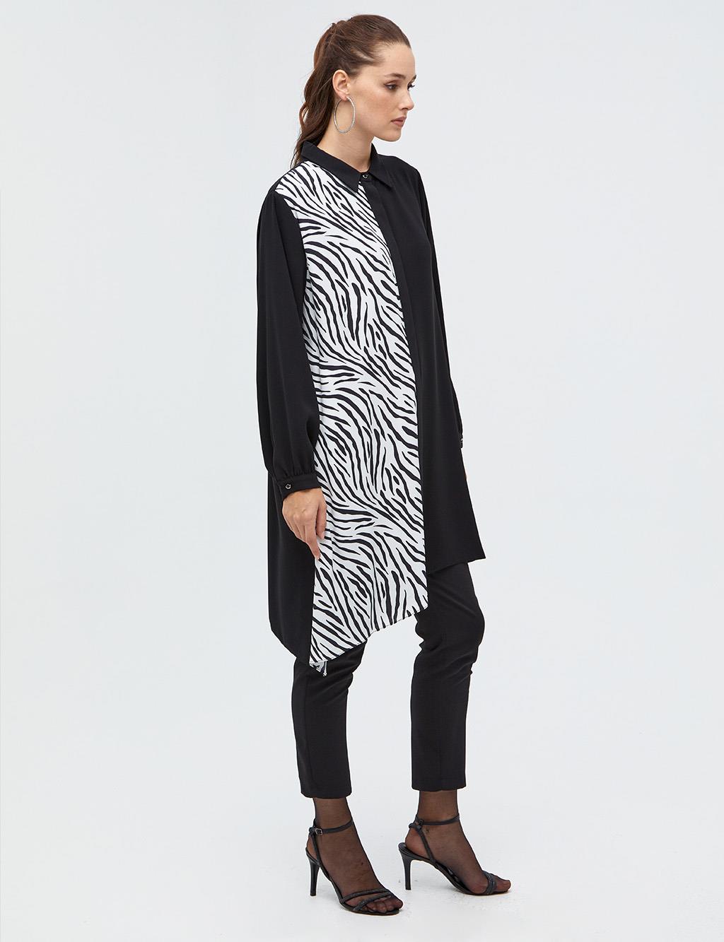 Parçalı Animal Print Tunik Siyah