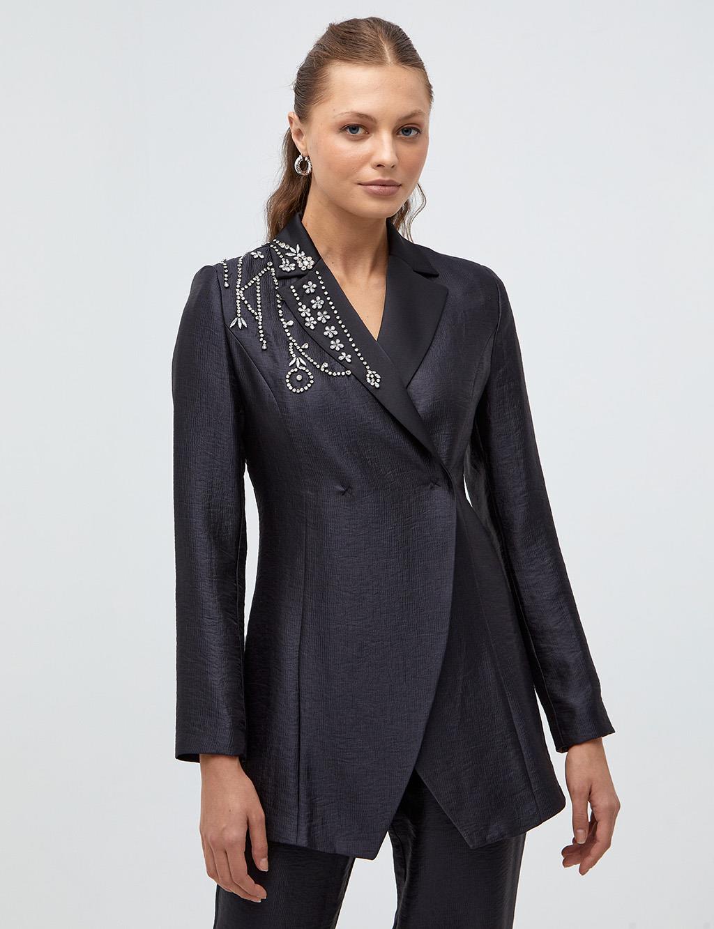 Stone Embroidered Double Suit Black