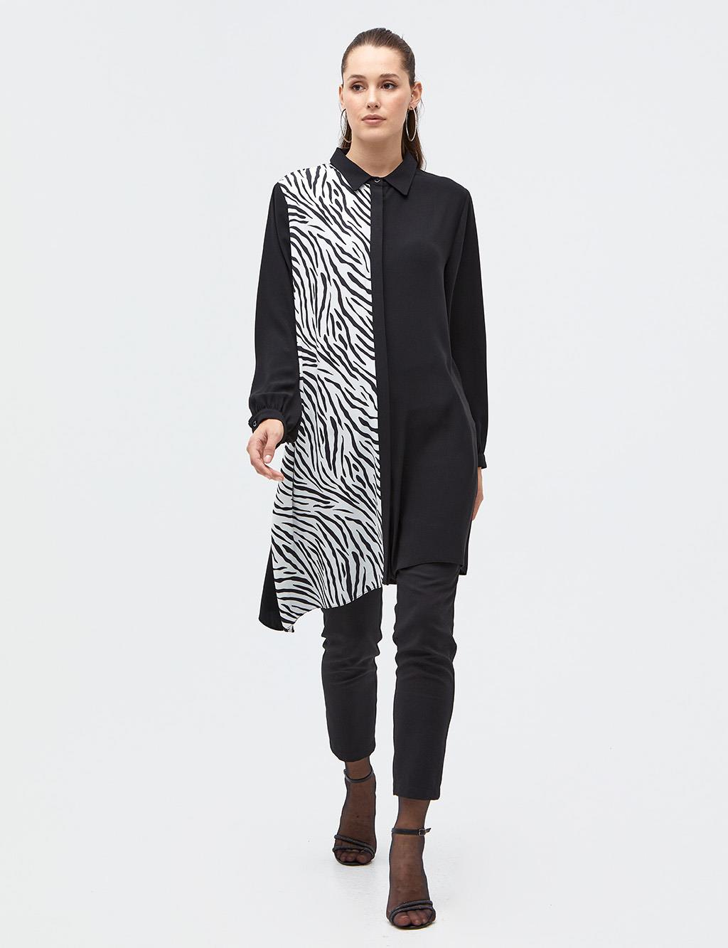 Parçalı Animal Print Tunik Siyah
