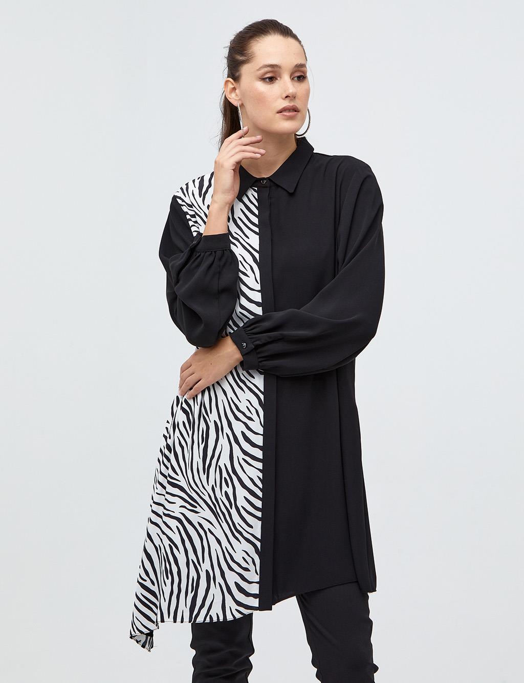 Parçalı Animal Print Tunik Siyah