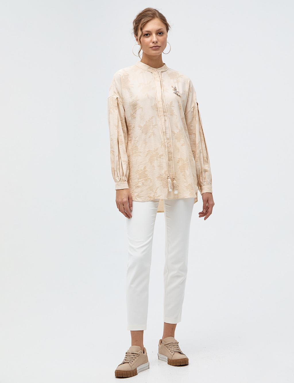 Stone Embroidered Embossed Tunic Beige