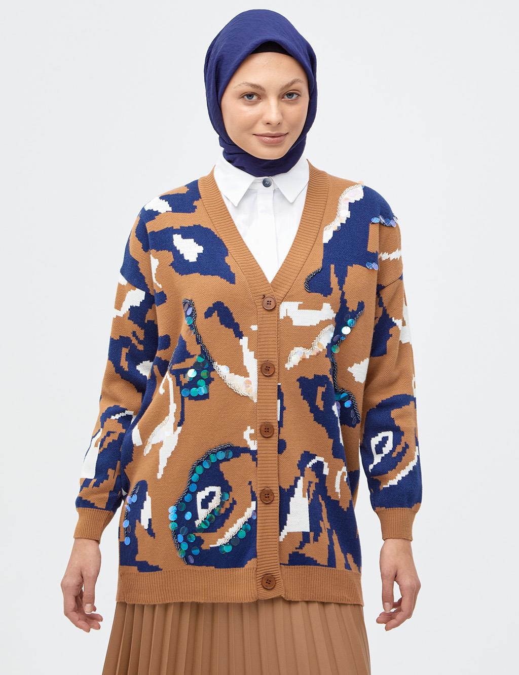 Camouflage Patterned Knitwear Cardigan Camel