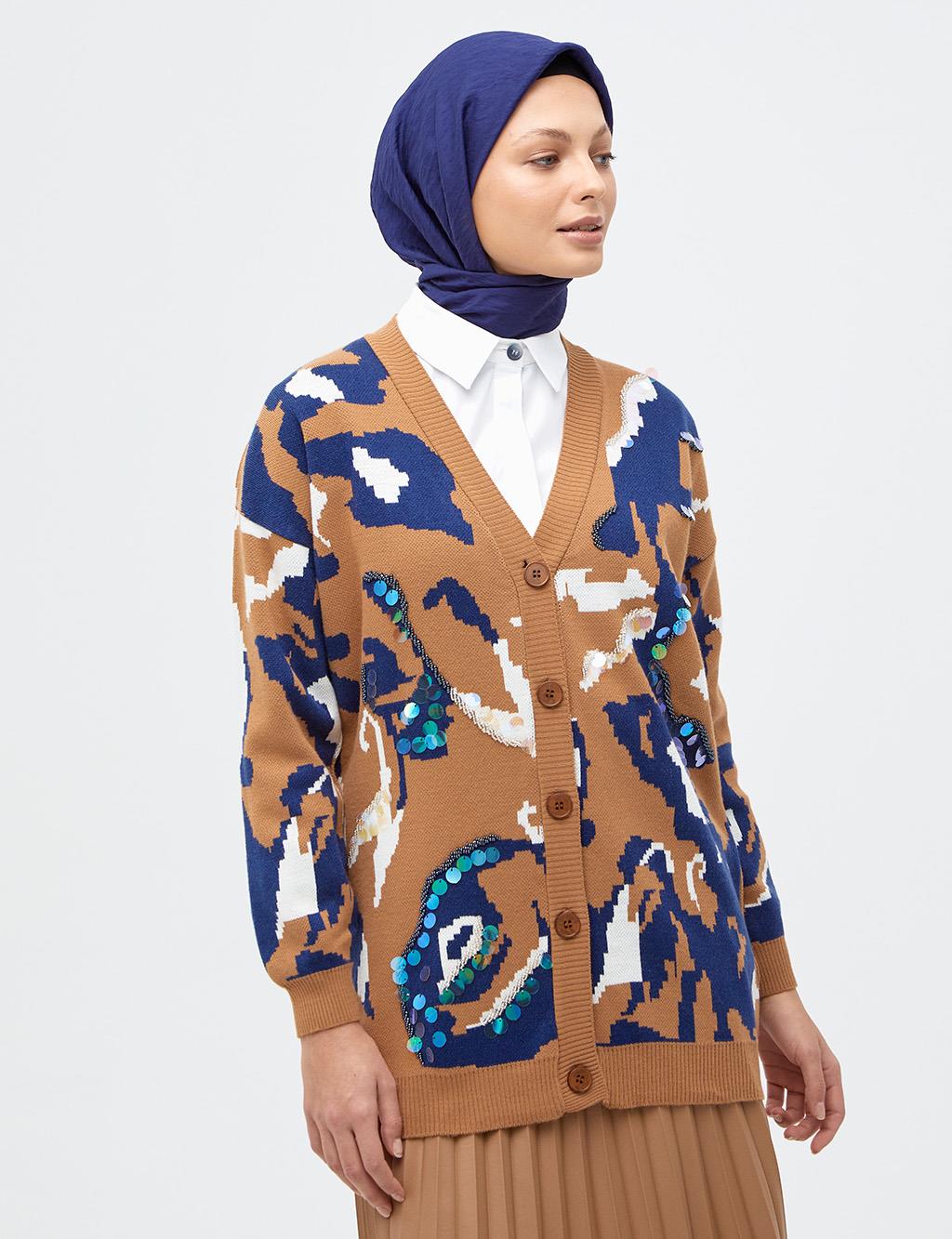 Camouflage Patterned Knitwear Cardigan Camel