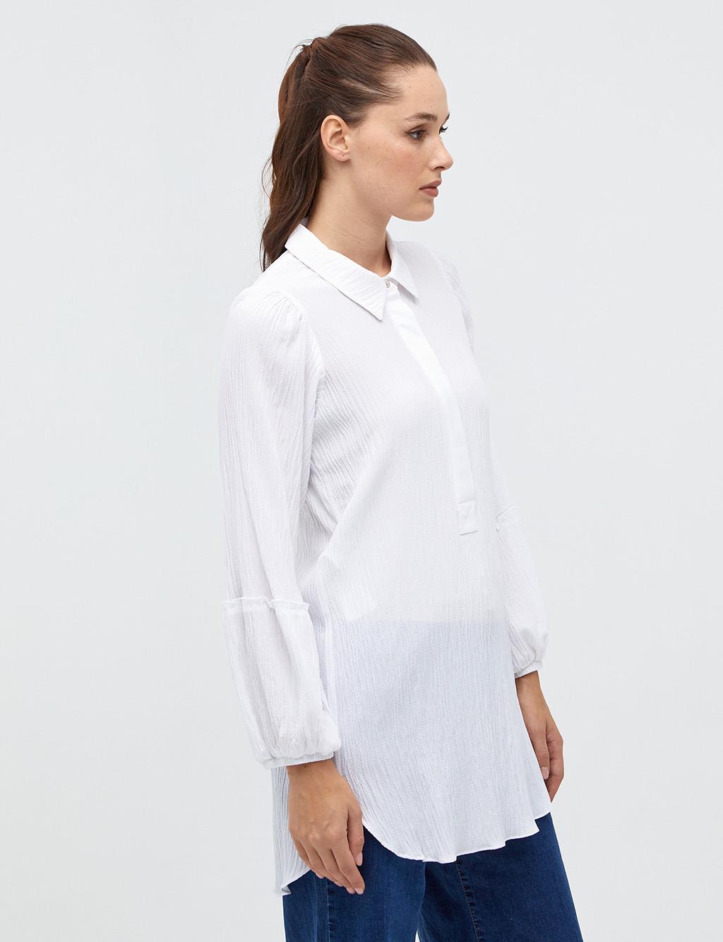 Half Placket Balloon Sleeve Tunic White