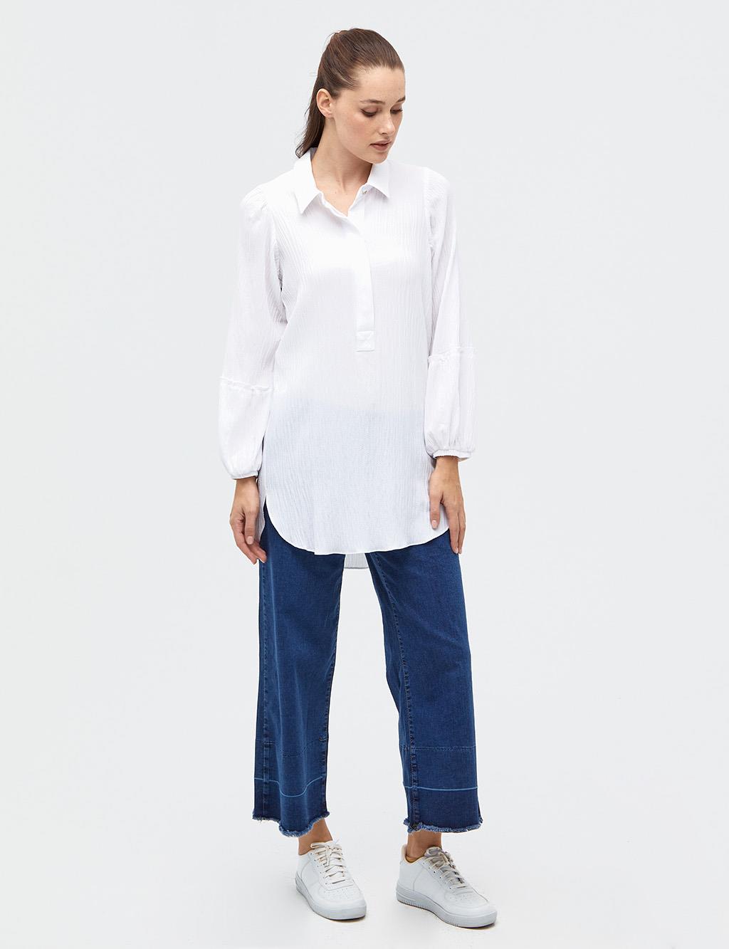 Half Placket Balloon Sleeve Tunic White