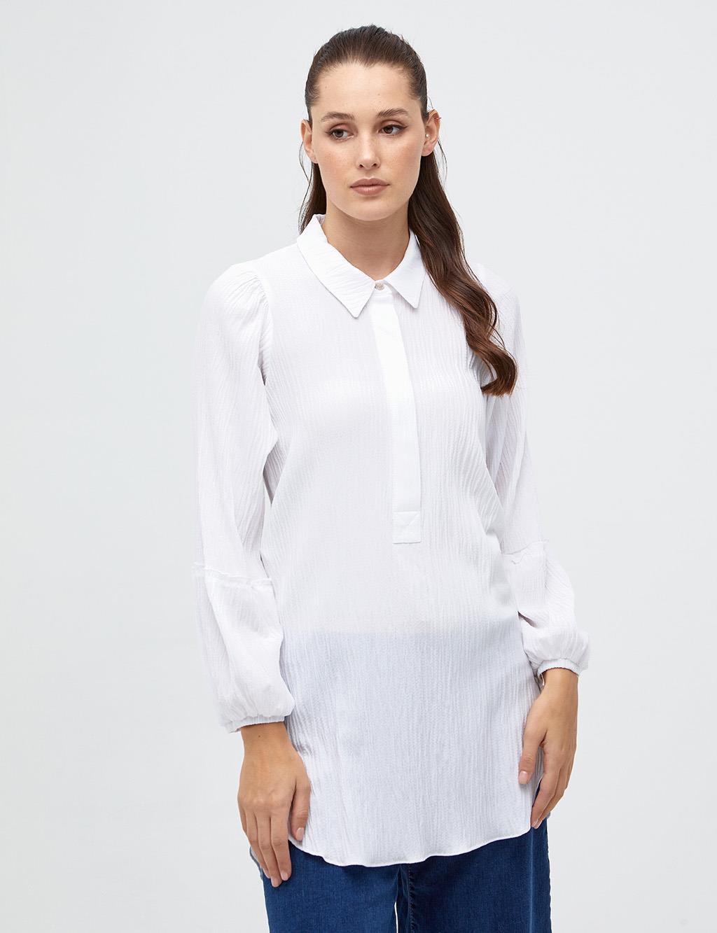 Half Placket Balloon Sleeve Tunic White