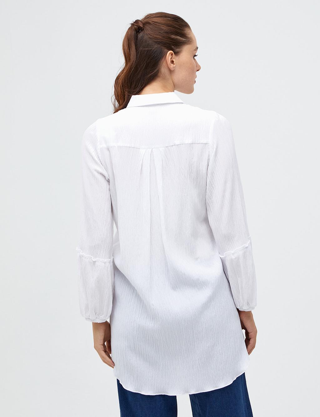 Half Placket Balloon Sleeve Tunic White