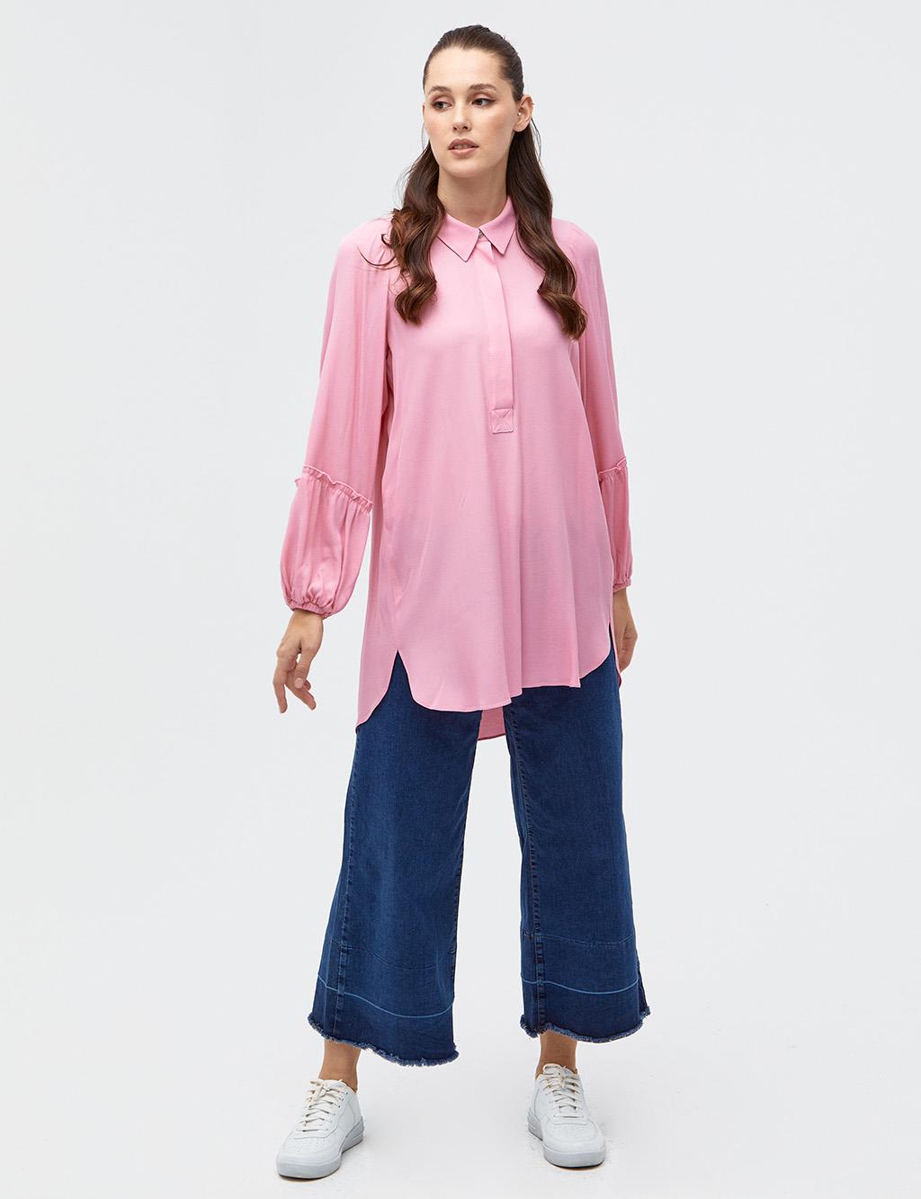 Half Placket Balloon Sleeve Tunic Pink
