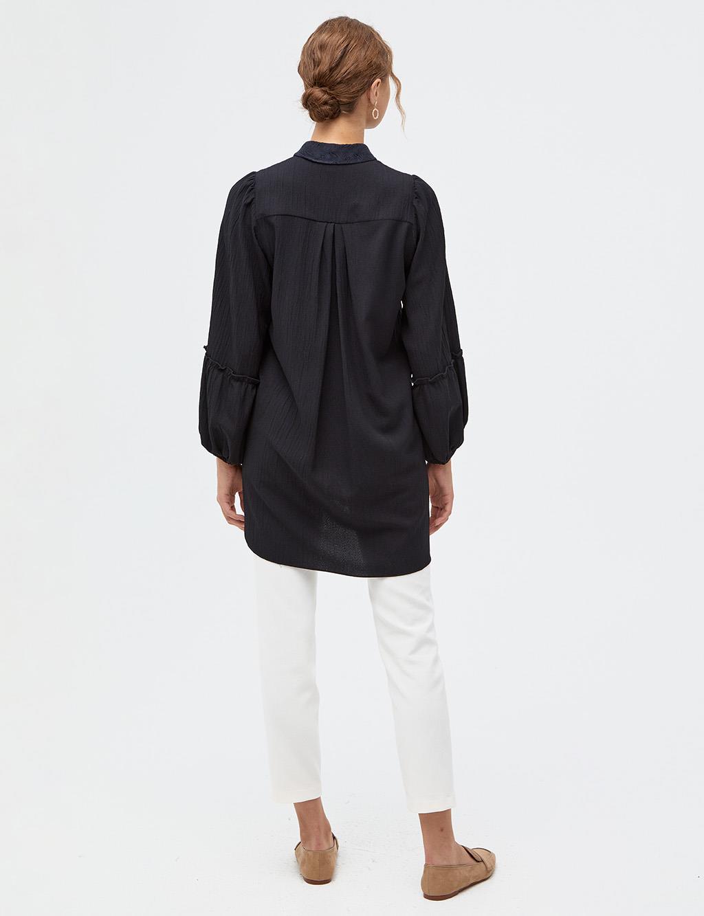 Half Placket Balloon Sleeve Tunic Siyah