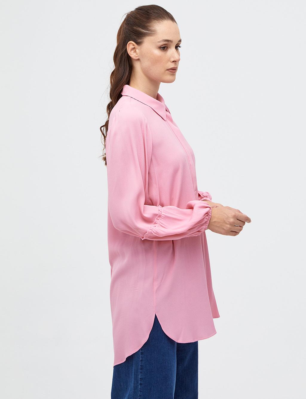 Half Placket Balloon Sleeve Tunic Pink