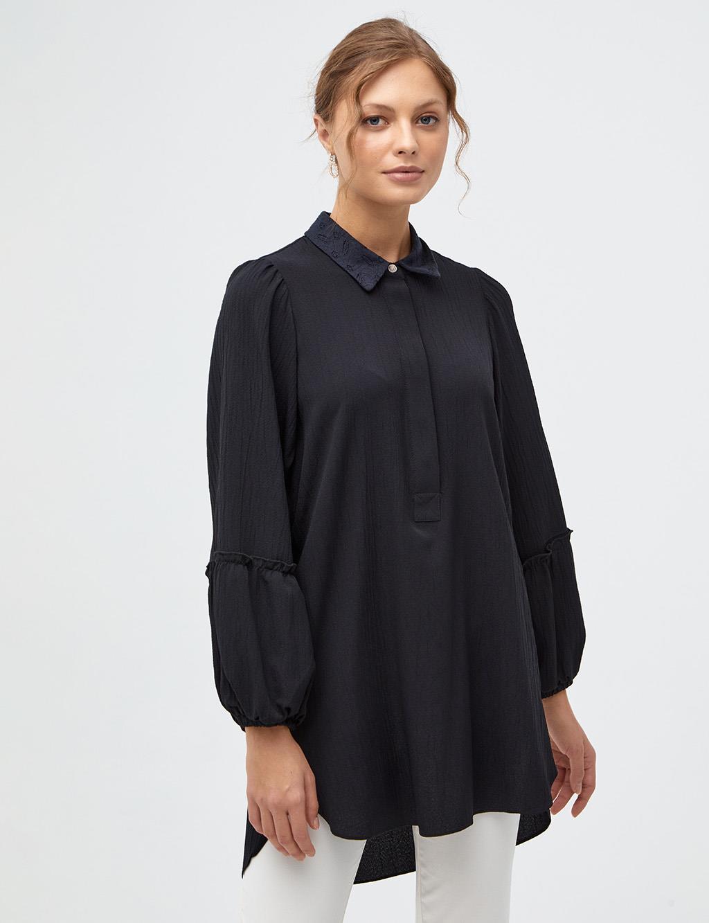 Half Placket Balloon Sleeve Tunic Siyah