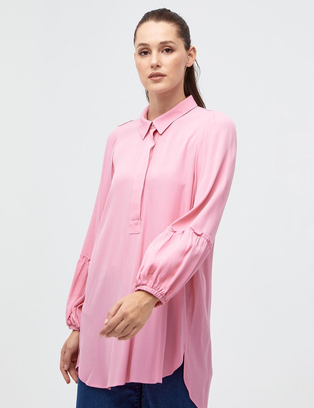 Half Placket Balloon Sleeve Tunic Pink