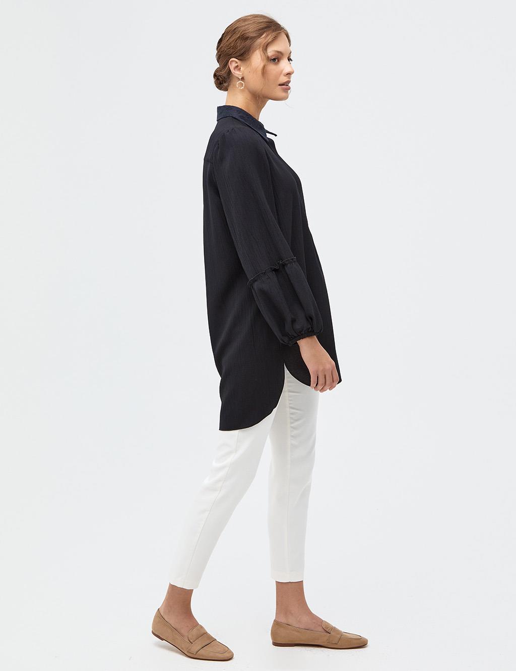 Half Placket Balloon Sleeve Tunic Siyah