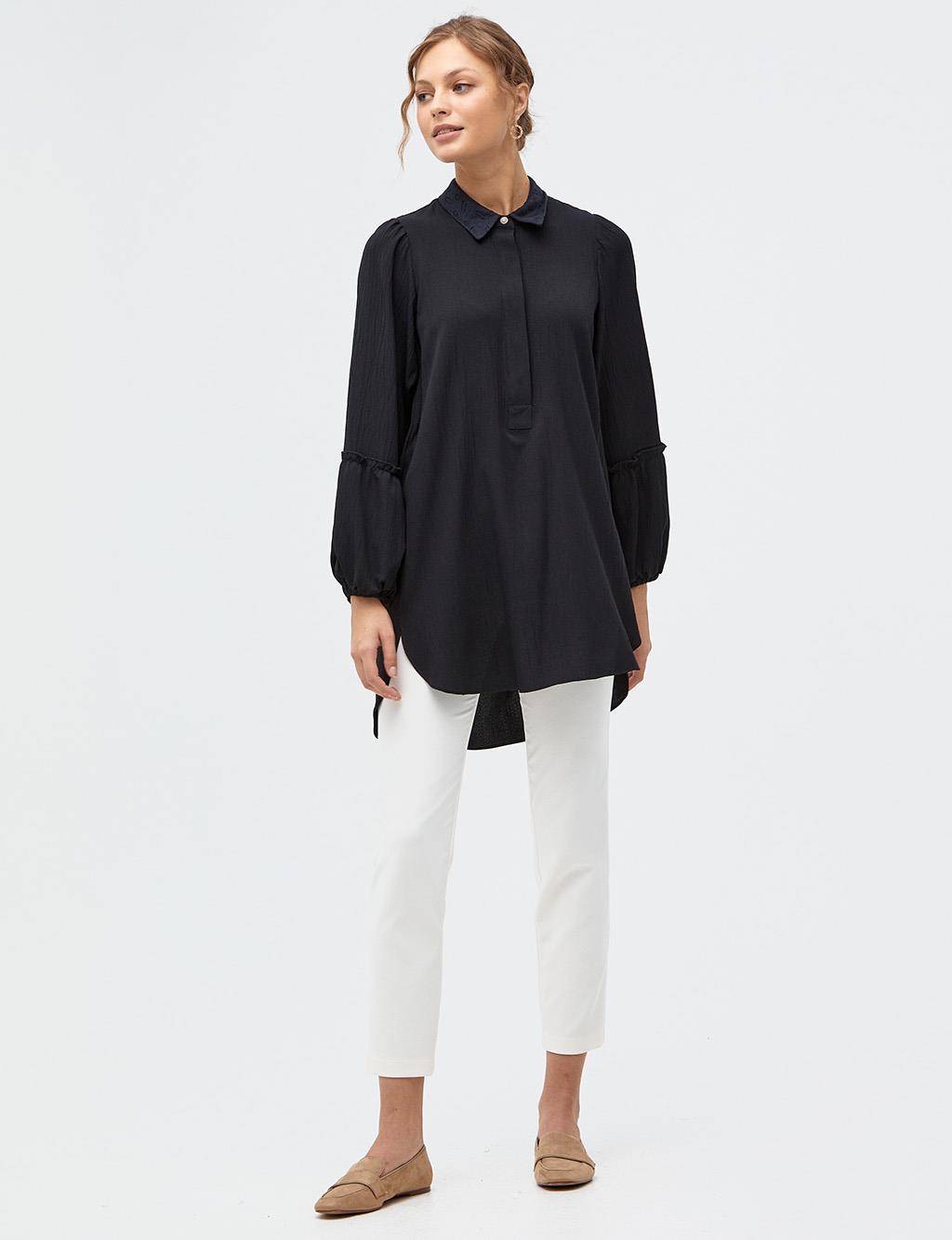Half Placket Balloon Sleeve Tunic Siyah