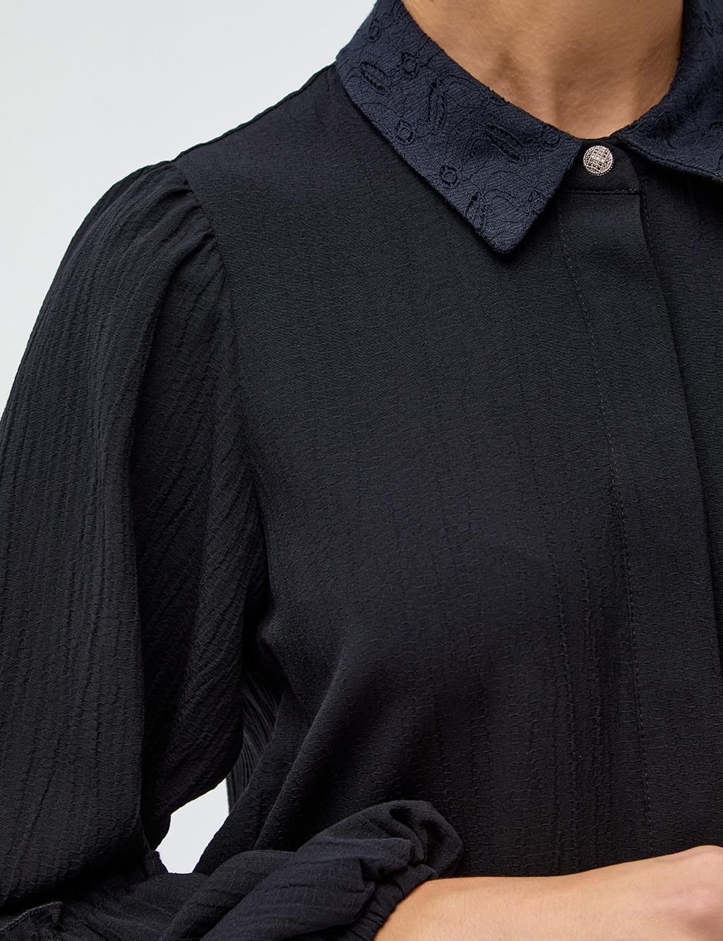 Half Placket Balloon Sleeve Tunic Siyah