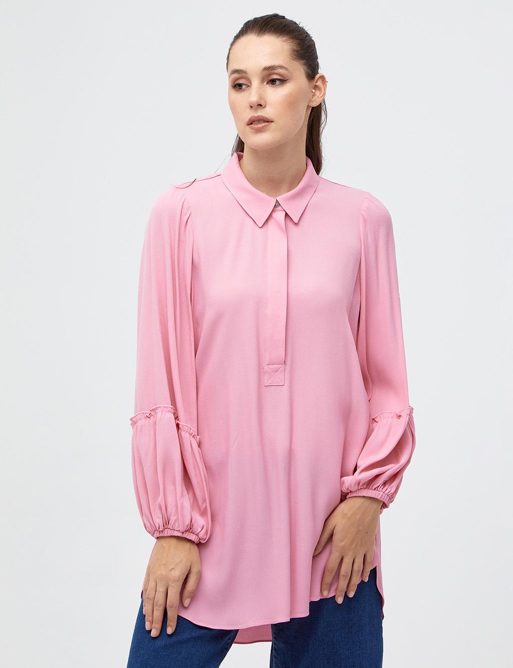 Half Placket Balloon Sleeve Tunic Pink